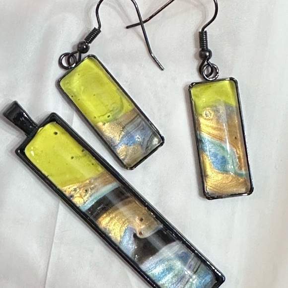 Jewelry Set Original Acrylic Pour Painting Colorful Abstract Art signed 5513 Y - Picture 9 of 10